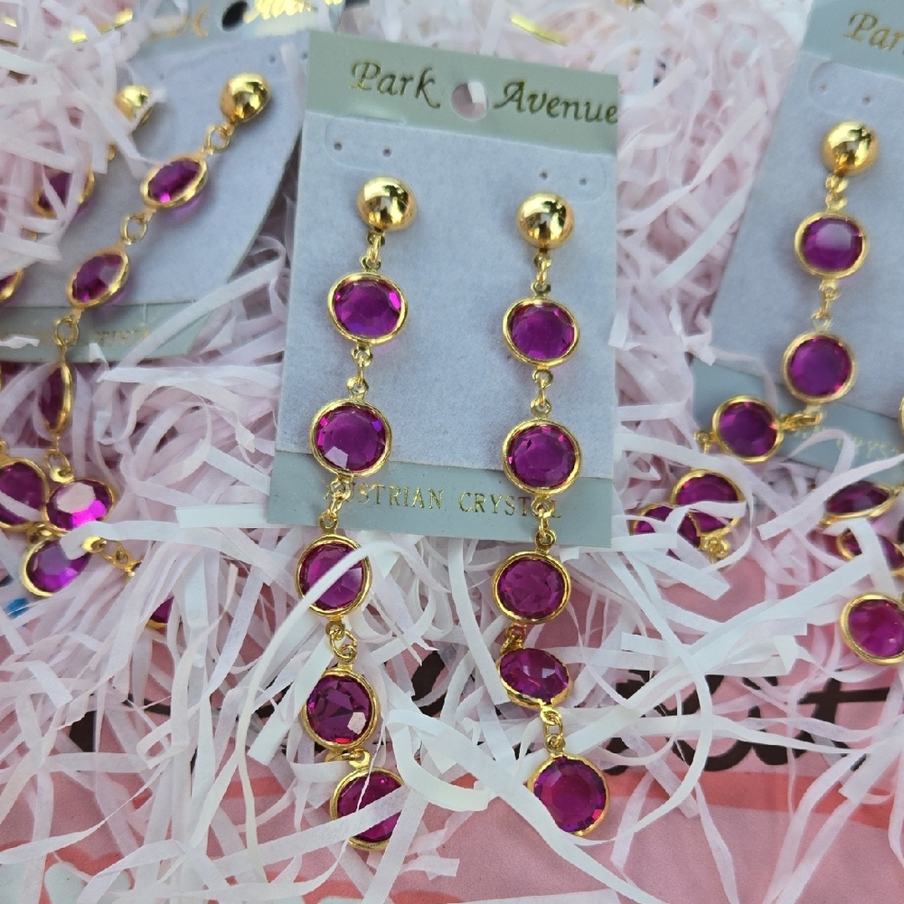 Gold and Fushia Long Swarovski Crystal Earrings